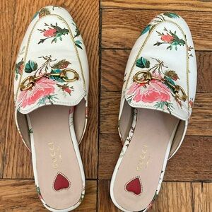GUCCI Princetown Pink Floral Rose Print Horsebit Shoes Slippers Size 37